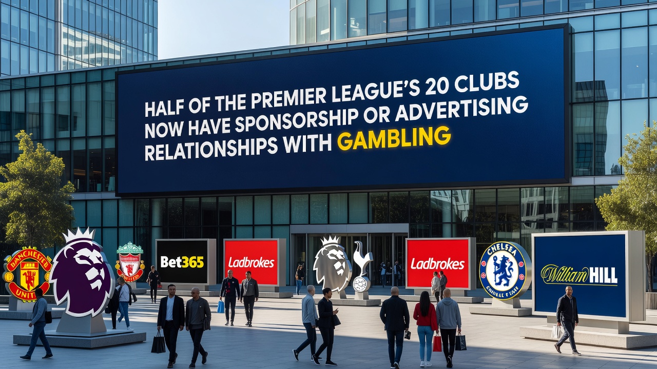 Close-up of Premier League matchday advertising hoardings showing betting logos